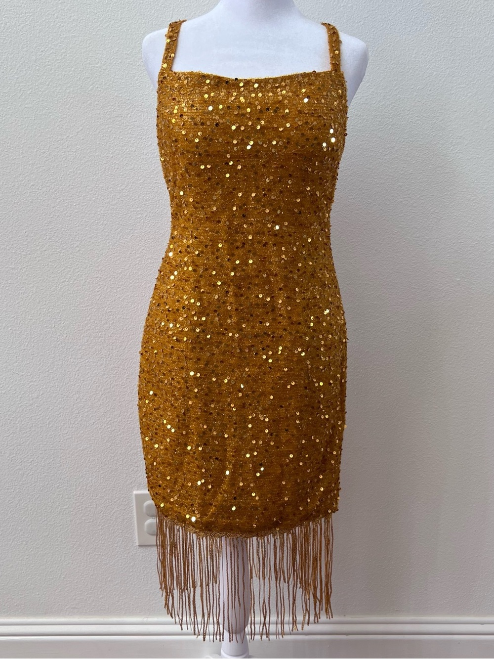 Gold Sequin Fringe Mini Dress - Women's Sparkle Bodycon